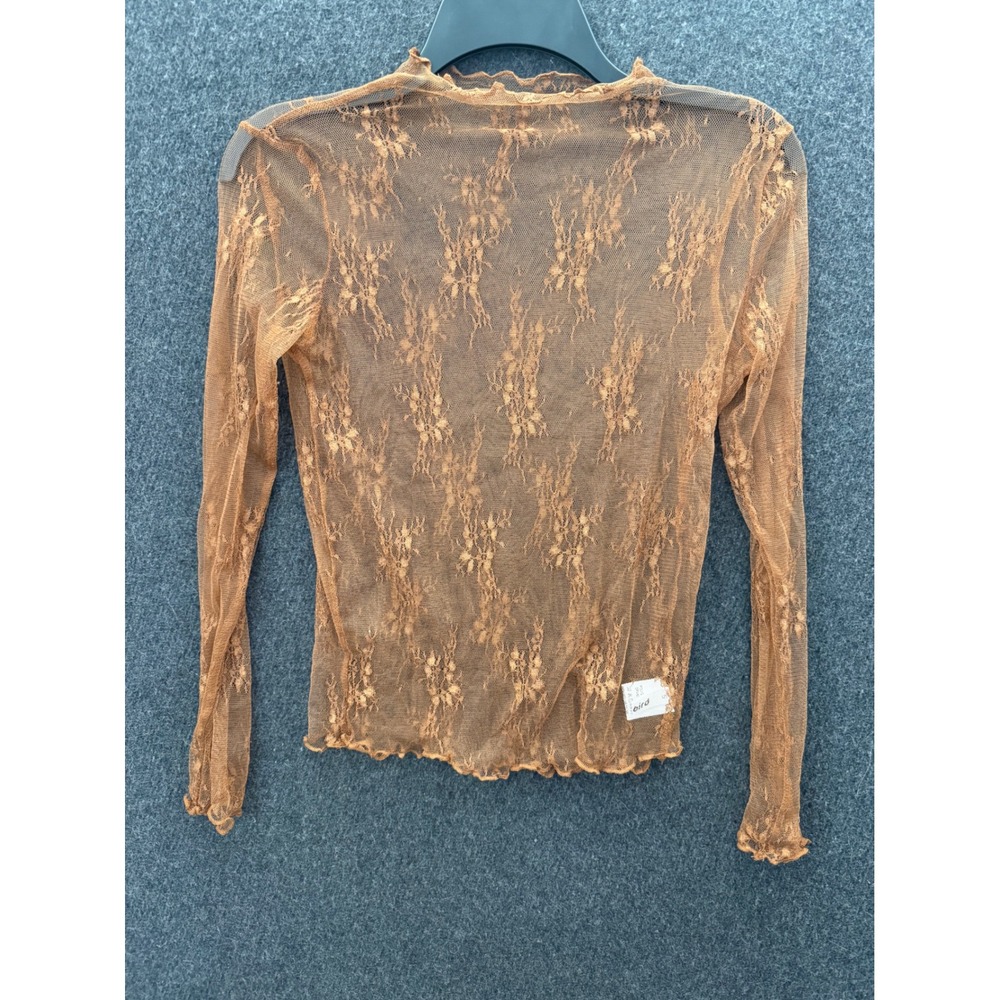 Womens Brown Sheer Mesh Lace Mock Neck Lettuce Trim Top Small Earthy Fairy Rave